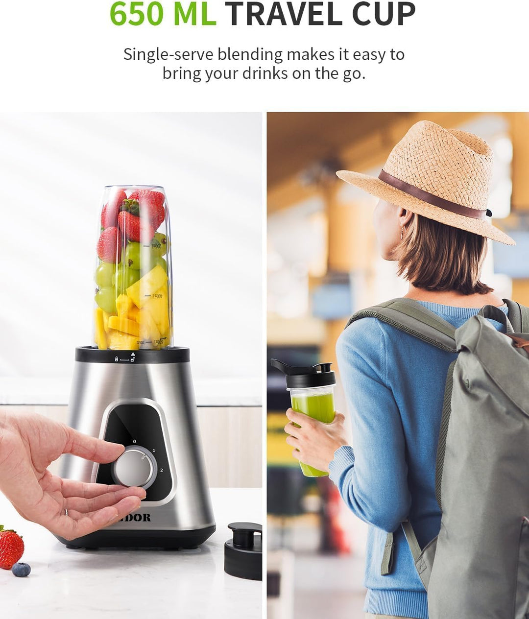 GDOR 1200W Smoothie Maker 2-1 Standmixer Glas mit 1,5L Glaskrug und 650ml Reisebecher 3 Geschwindigk