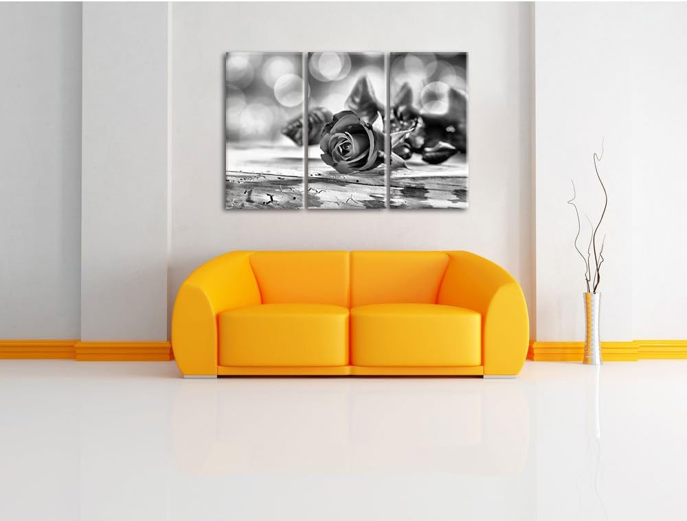 Pixxprint Rose auf Holztisch als Leinwandbild/Grösse: 3 Teilig (120x80) cm/Wandbild/Kunstdruck/ferti
