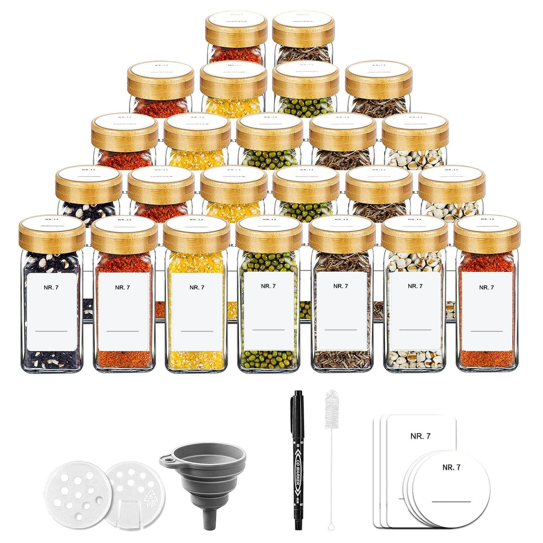 SIAZIH Gewürzgläser Holzdeckel aus Bambus Set 120 ML,24 Gewürzgläser Eckig - Gewürzstreuer Glas Mit