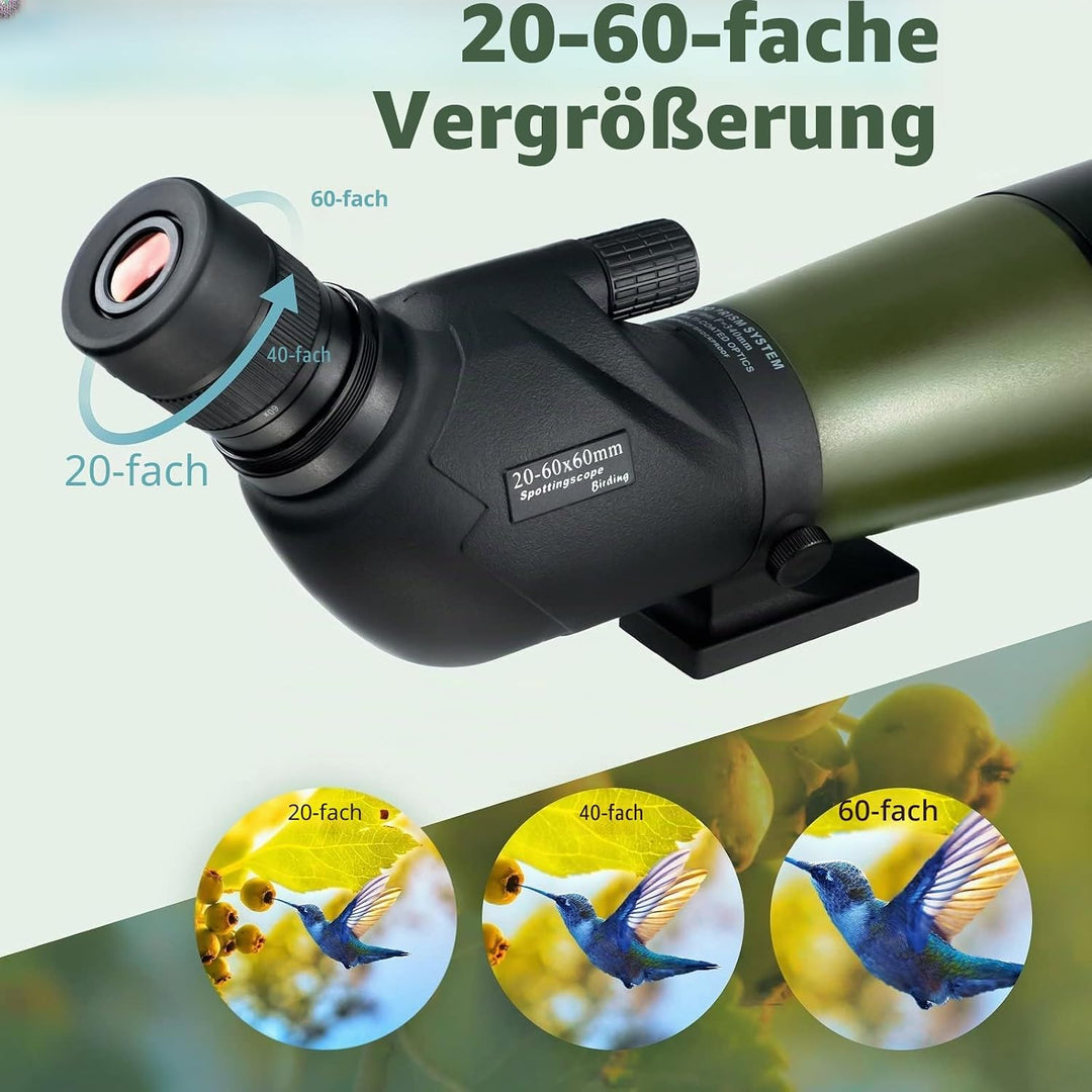 Gosky 20-60x60mm Spektiv, wasserdicht, stossfest, mit Stativ und Digiscoping-Adapter, BAK4-Prismen,