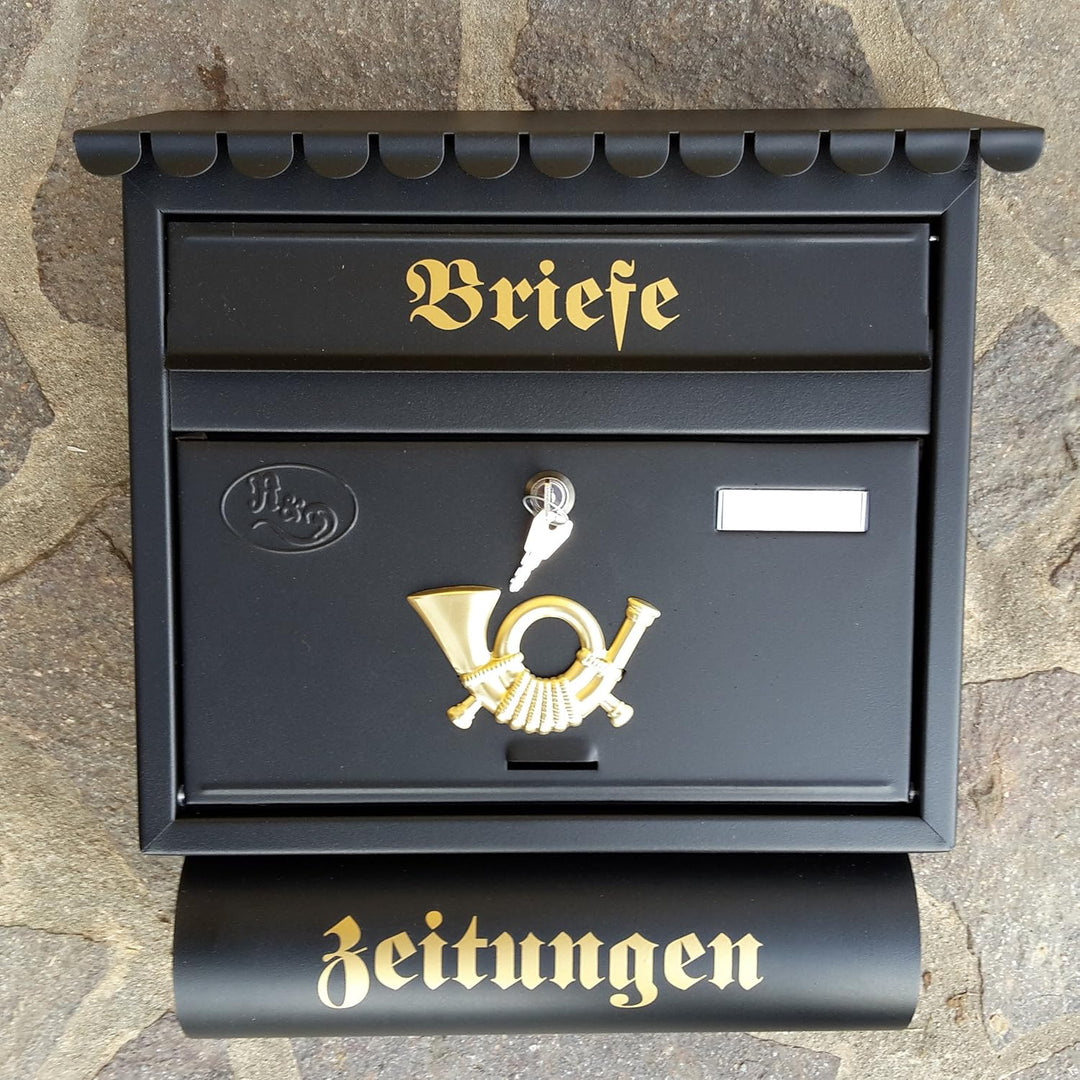 Grosser Briefkasten/Postkasten XXL Schwarz matt mit Zeitungsrolle Flachdach Katalogeinwurf Zeitungsf