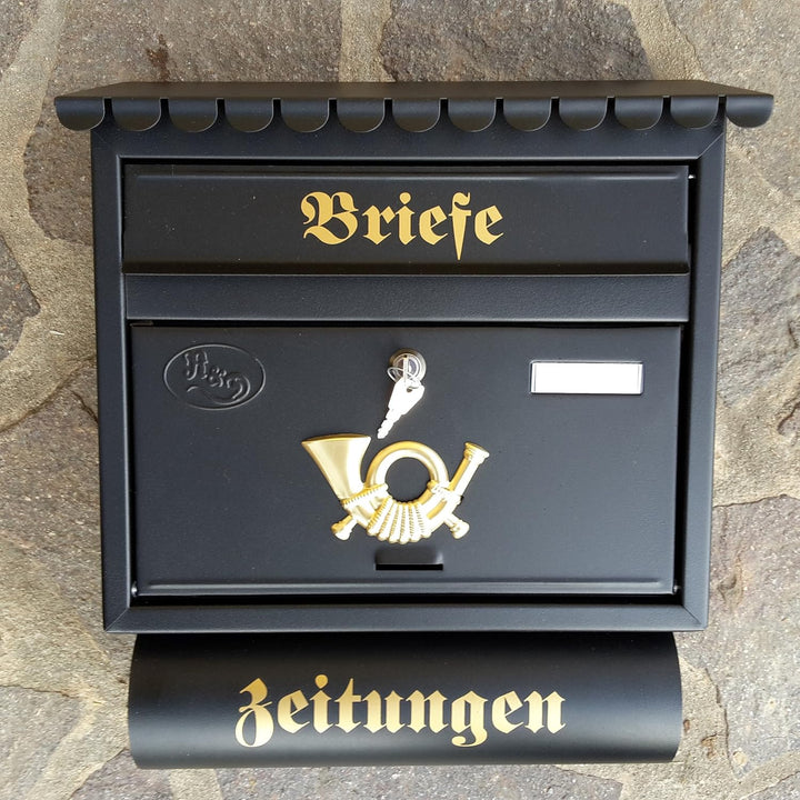 Grosser Briefkasten/Postkasten XXL Schwarz matt mit Zeitungsrolle Flachdach Katalogeinwurf Zeitungsf