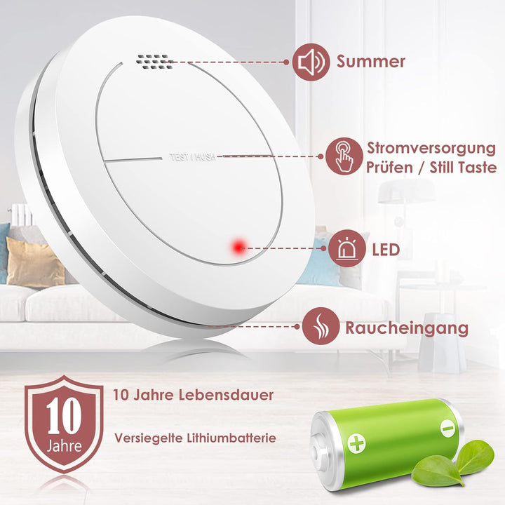 Safeliveo Rauchmelder ohne Blinkende LED, mit 10 Jahre Batterie, Mute Funktion, 85 dB Photoelektrisc
