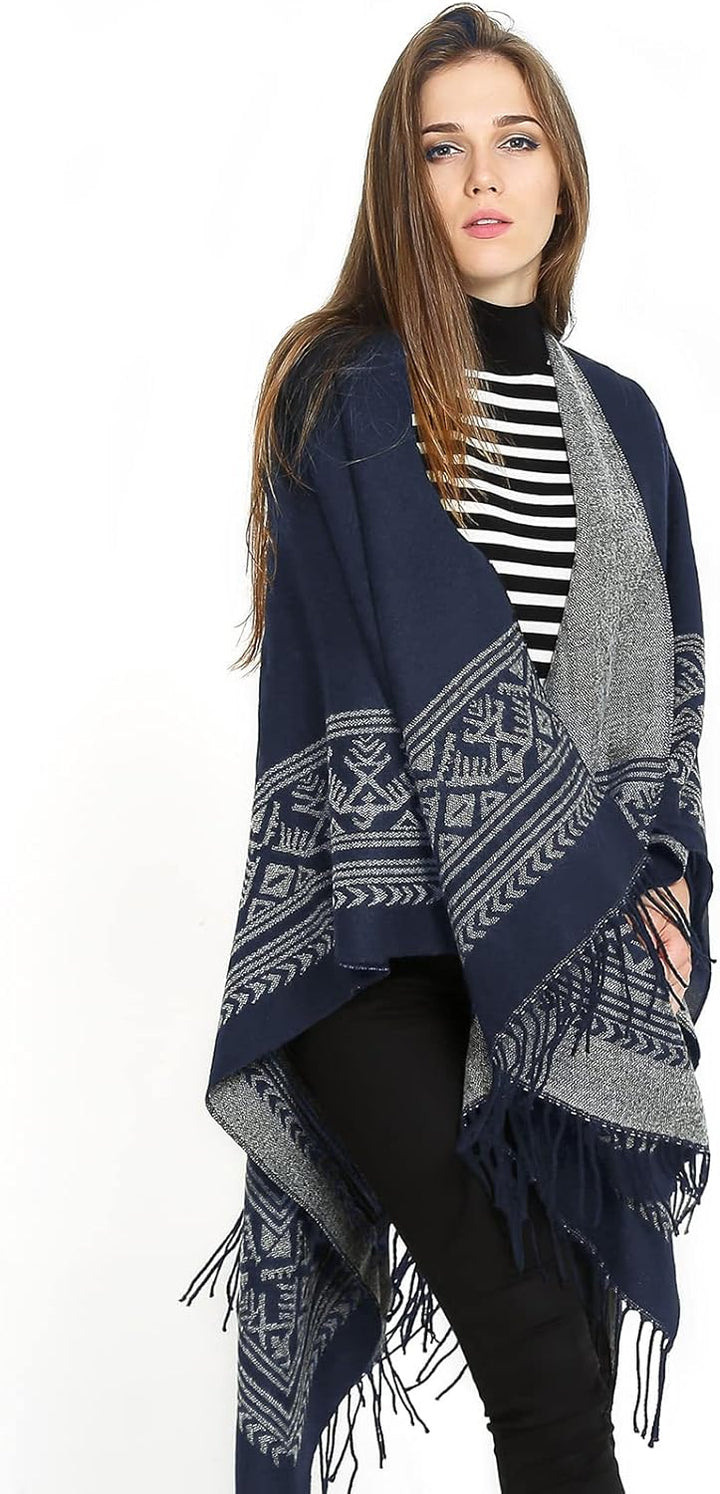 Superora Damen Poncho Cape Umhängetuch Stola Strick-Pullover Karierte Deckenschal Sweatshirt Schal m