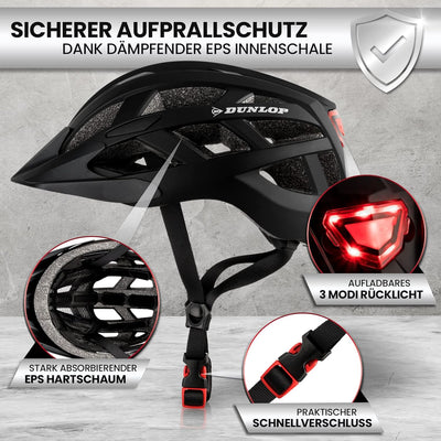 Dunlop Sports Fahrradhelm mit Licht S(52-56cm) Schwarz, S(52-56cm) Schwarz