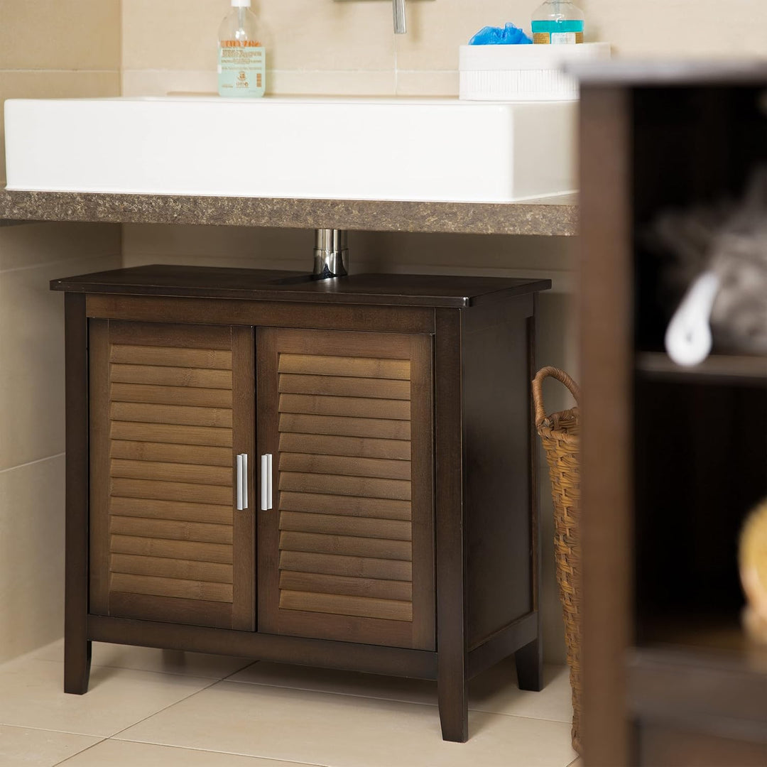 Relaxdays Waschbeckenunterschrank dunkelbraun LAMELL, Badschrank aus Bambus, Waschbeckenschrank, HBT