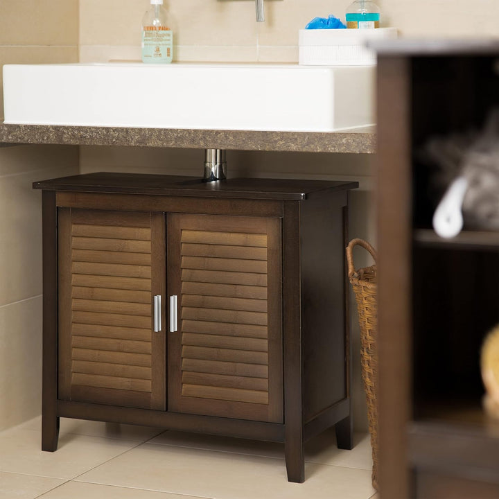 Relaxdays Waschbeckenunterschrank dunkelbraun LAMELL, Badschrank aus Bambus, Waschbeckenschrank, HBT