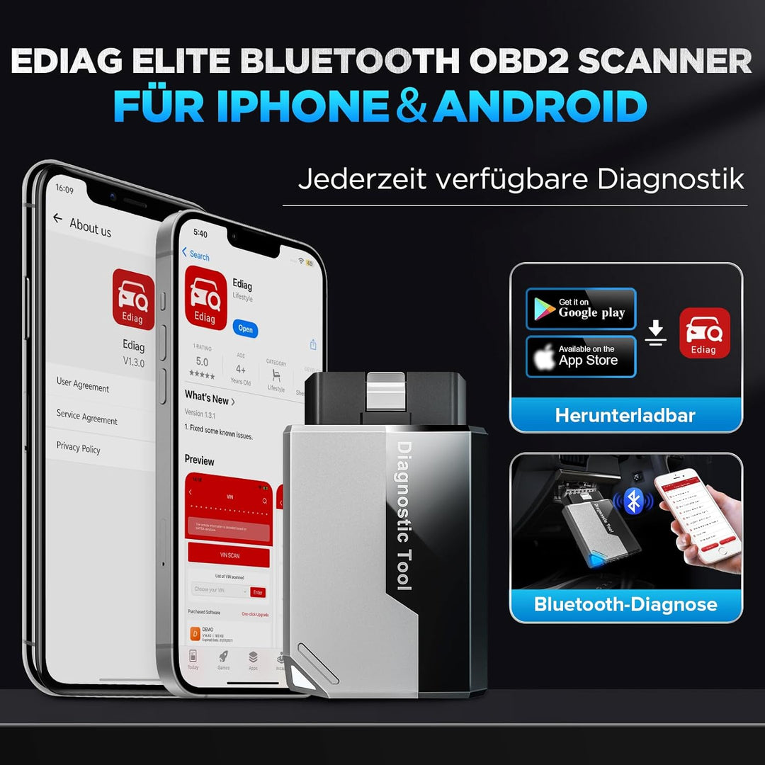 KINGBOLEN EDIAG Elite OBD2 Diagnosegerät Bluetooth,Auto Auslesegerät mit Vollständige System,15 Rese