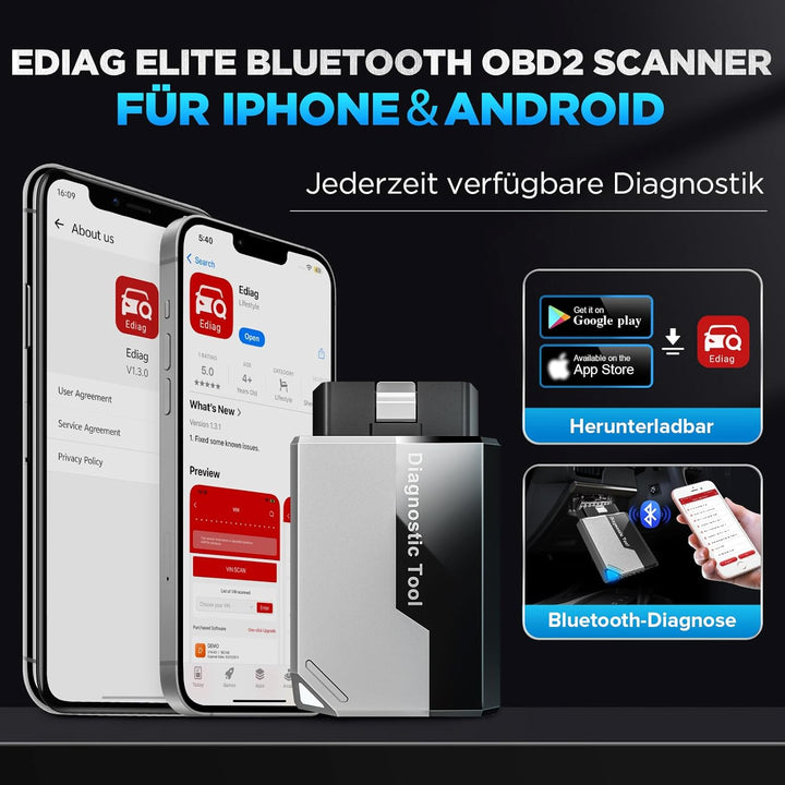KINGBOLEN EDIAG Elite OBD2 Diagnosegerät Bluetooth,Auto Auslesegerät mit Vollständige System,15 Rese