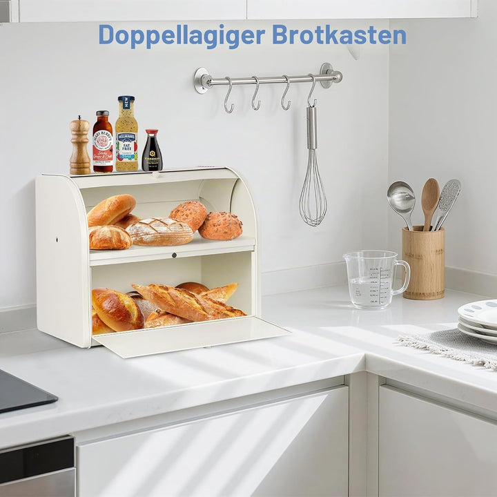 Edelstahl Brotkasten 2 Etagen mit Rolltop Deckel, extragrosser Brotbox Schwarz, Metall Brotbehälter