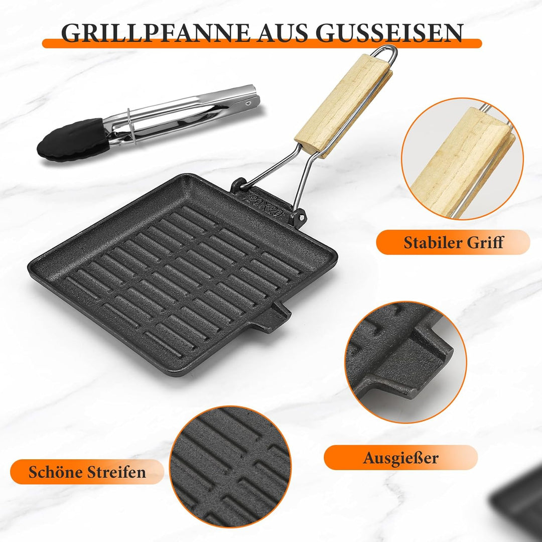 Steakpfanne Gusseisen,20x20cm Grillpfanne mit Klappbarem Holzgriff und Lebensmittelclips,Klappbarer