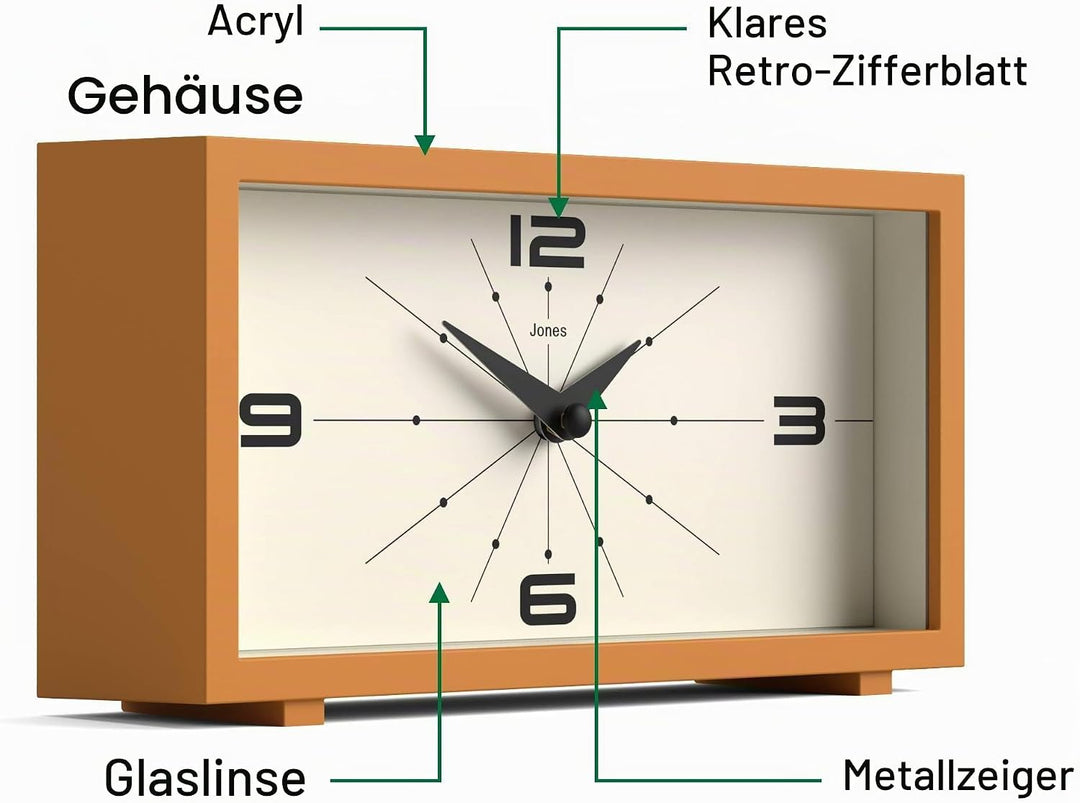 JONES CLOCKS® Odeon schreibtischuhr | Modernes rechteckiges Design | Senfgelb | Stilvoller retrolook