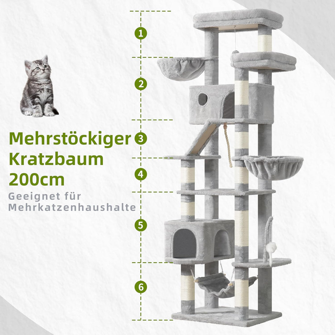 Kratzbaum gross, katzenbaum grosse Katzen stabil für Innenbereich, 200 cm katzenkratzbaum mit geräum