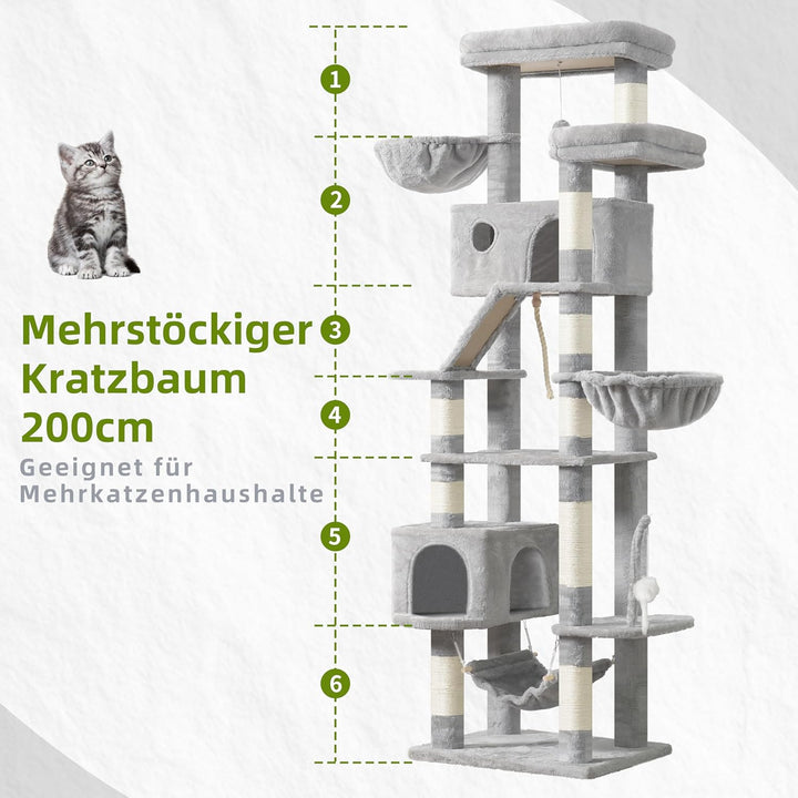 Kratzbaum gross, katzenbaum grosse Katzen stabil für Innenbereich, 200 cm katzenkratzbaum mit geräum