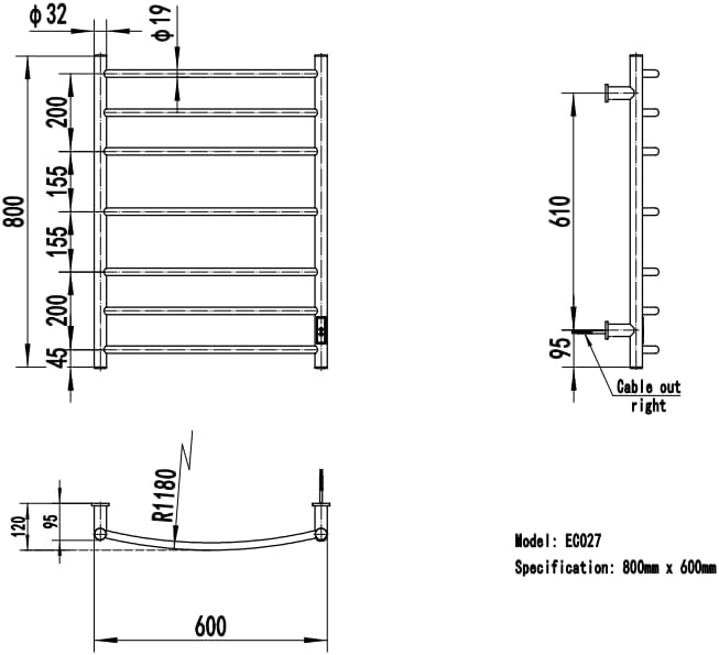 Ferrara elektrischer Handtuchhalter 800 x 600 mm – moderner Handtuchheizkörper, energiesparend & sti