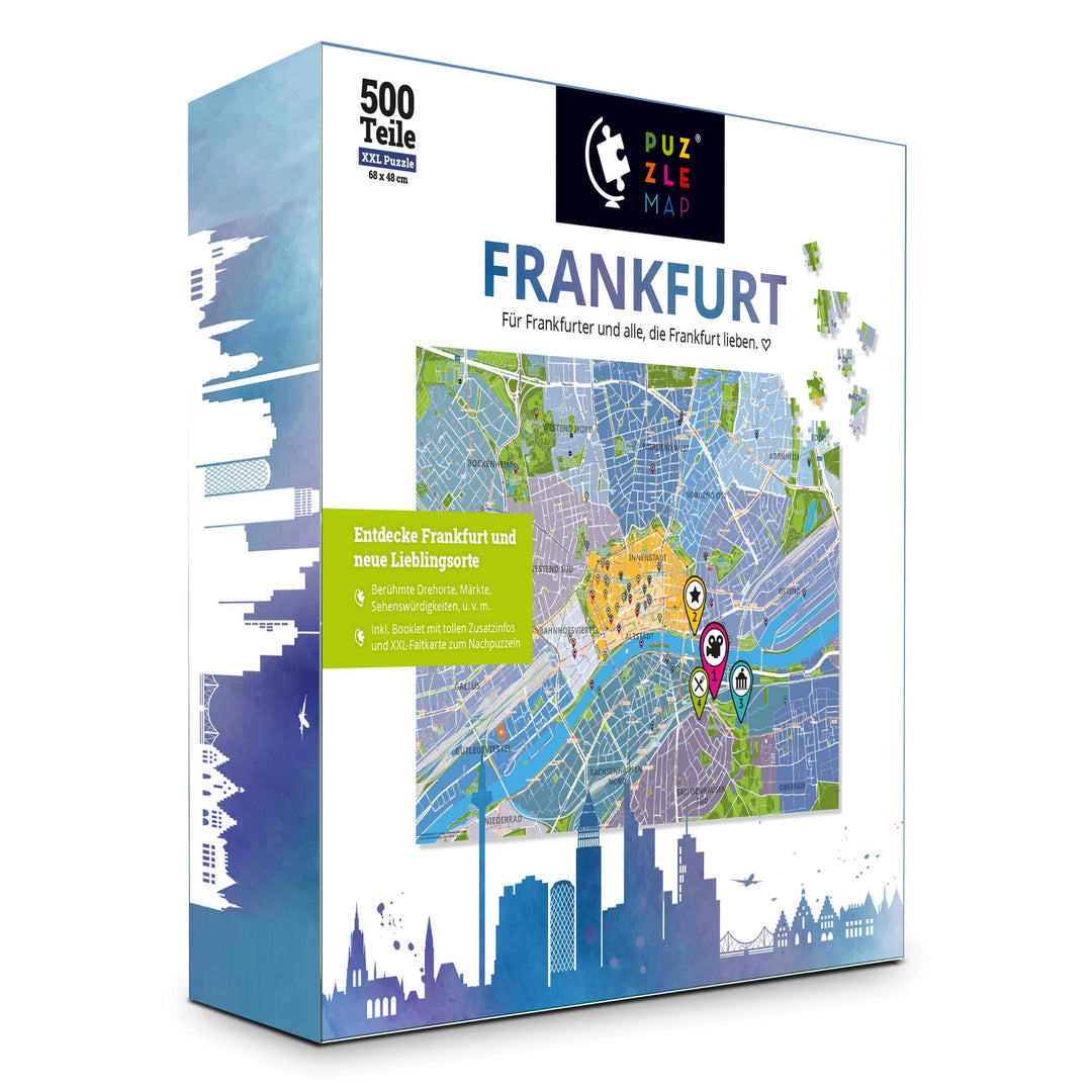 Frankfurt Puzzle Stadtplan - XXL 500 Teile - Mit Booklet & Faltkarte - 68x48cm Motivgrösse - Reisefü