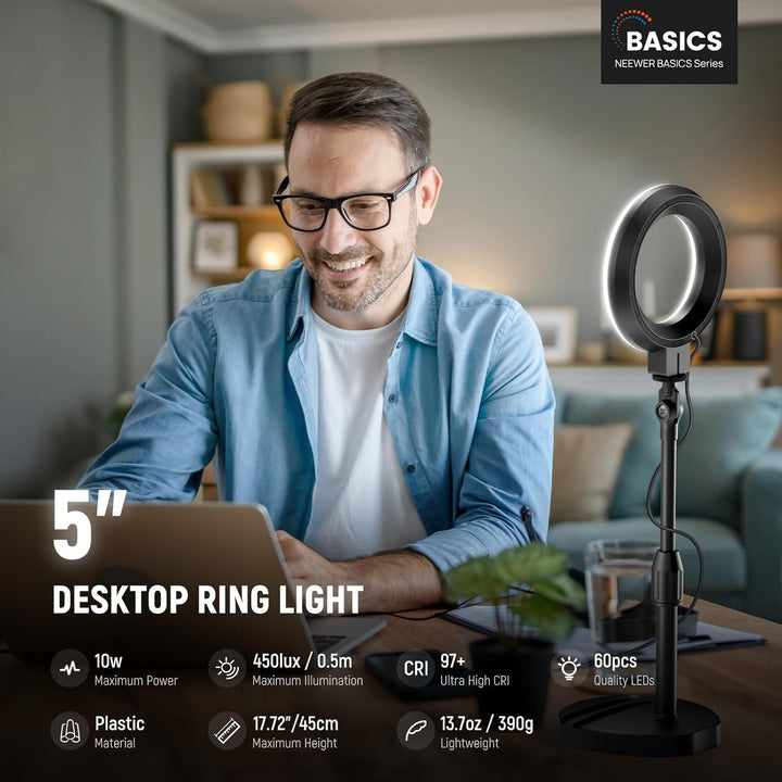 NEEWER Basics 5"/13cm Tisch Ringlicht mit Ständer, Telefonhalter Basis, 10W LED Selfie Licht kompati