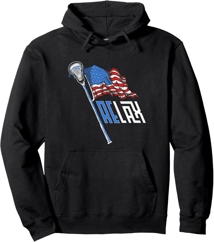 RELAX! Retro USA American Flag Lacrosse Stick 80's Style Pullover Hoodie