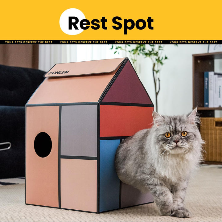 Conlun Katzenhaus mit Kratzbrett &amp; Katzenminze, Leicht zu Montieren - Kratzhöhle für Wohnungskatzen,