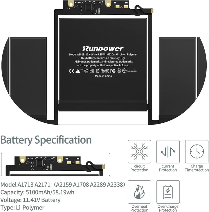 Runpower A1708 Akku, A1713 A2171 Ersatz-Laptop-Akku ist kompatibel mit MacBook Pro 13 Zoll A1708 (En