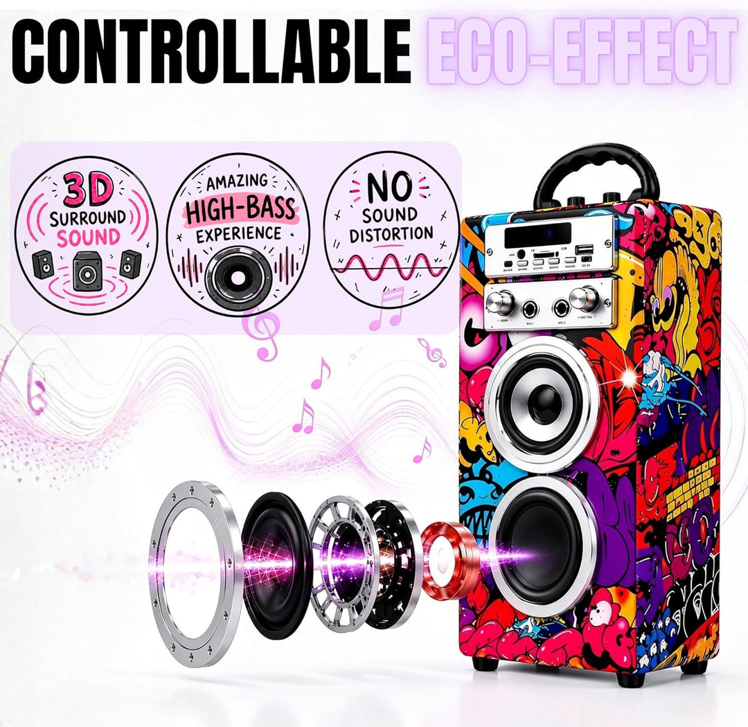 Dynamic Karaoke-Maschine, tragbarer Karaoke-Lautsprecher mit 2 Mikrofonen, Bluetooth-Lautsprecher, U