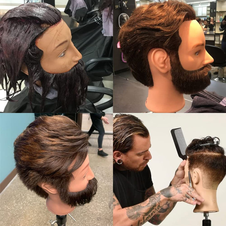 Männer Mannequinkopf mit menschlichem Haar &amp; lockigem Bart inkl. praktischer Halterung für Kosmetolo