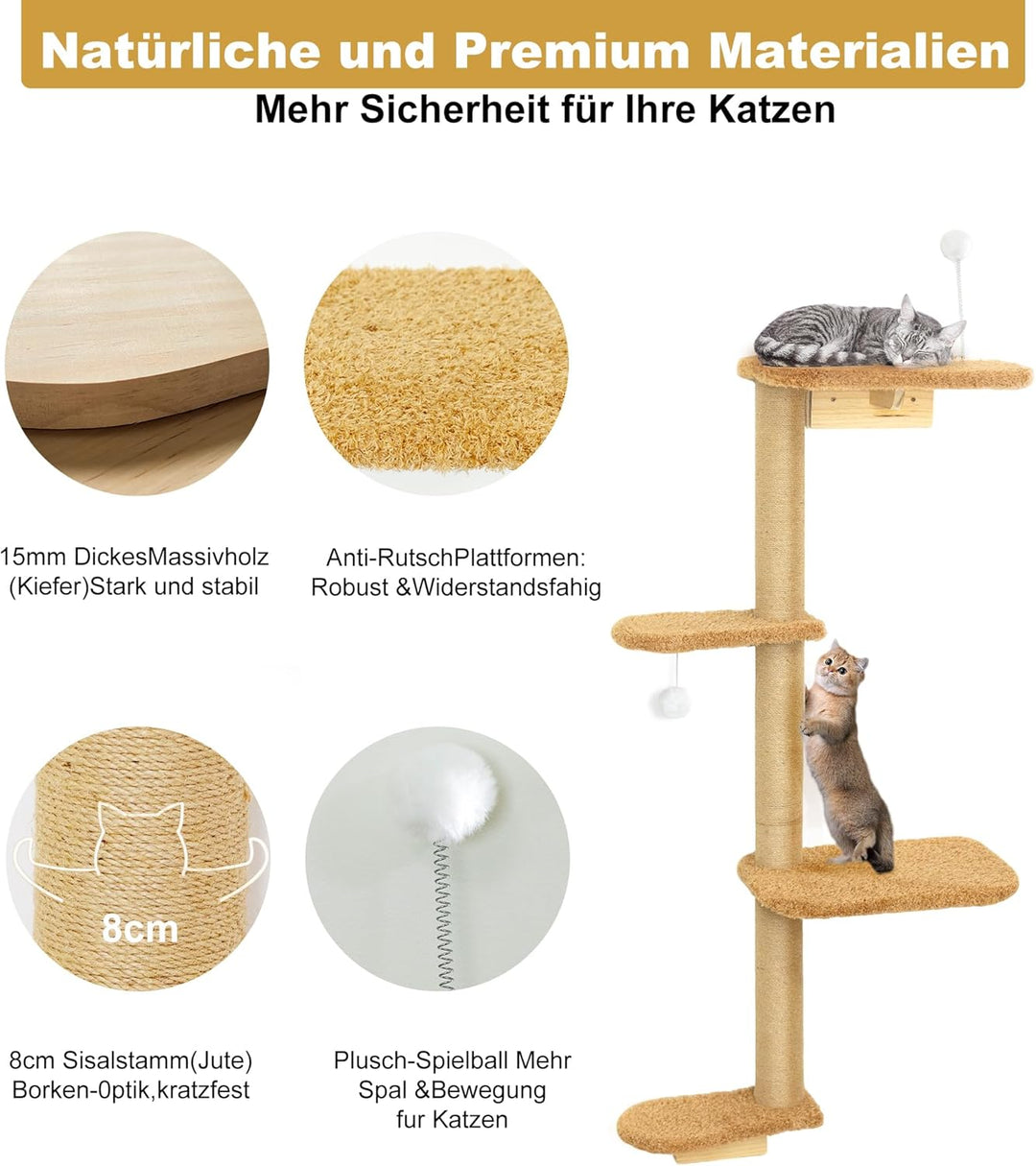 Wandmontierter Kratzenbaum 125cm, Katzenkratzbaum Wand 4 Etagen aus Natürliches Holz mit Sanftem Bra