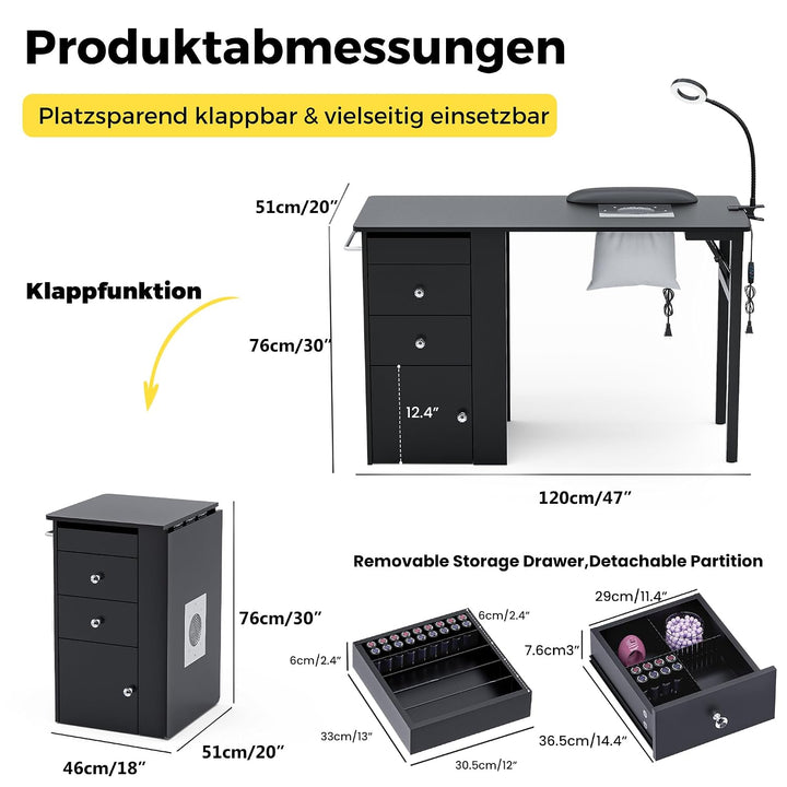 Klappbarer Nageltisch mit Staubabsaugung & LED-Lampe, Mobiler Manikürtisch auf Rollen mit 3 Schublad