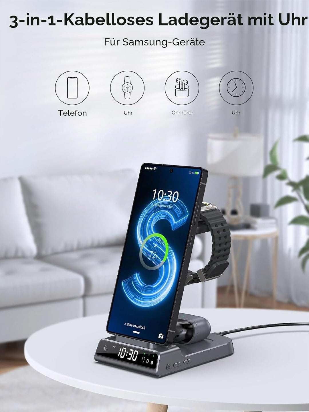 Wireless Charger für Samsung Galaxy S25 Ultra, Induktive Ladestation mit Digitaluhr für Samsung Gala
