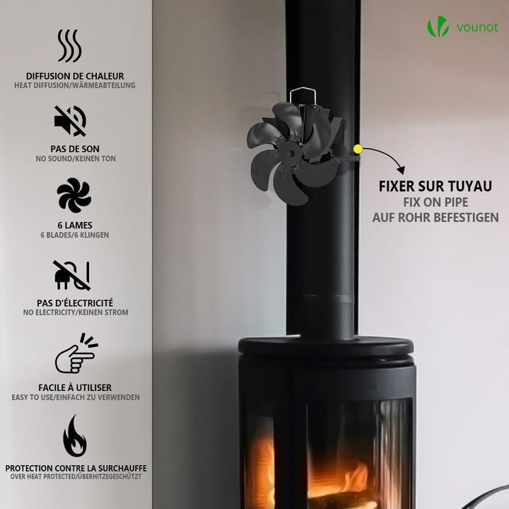 VOUNOT 4 Blatt Ofenventilator Ohne Strom, Wärmebetriebener Kaminventilator Ventilator, Lüfter für Ka