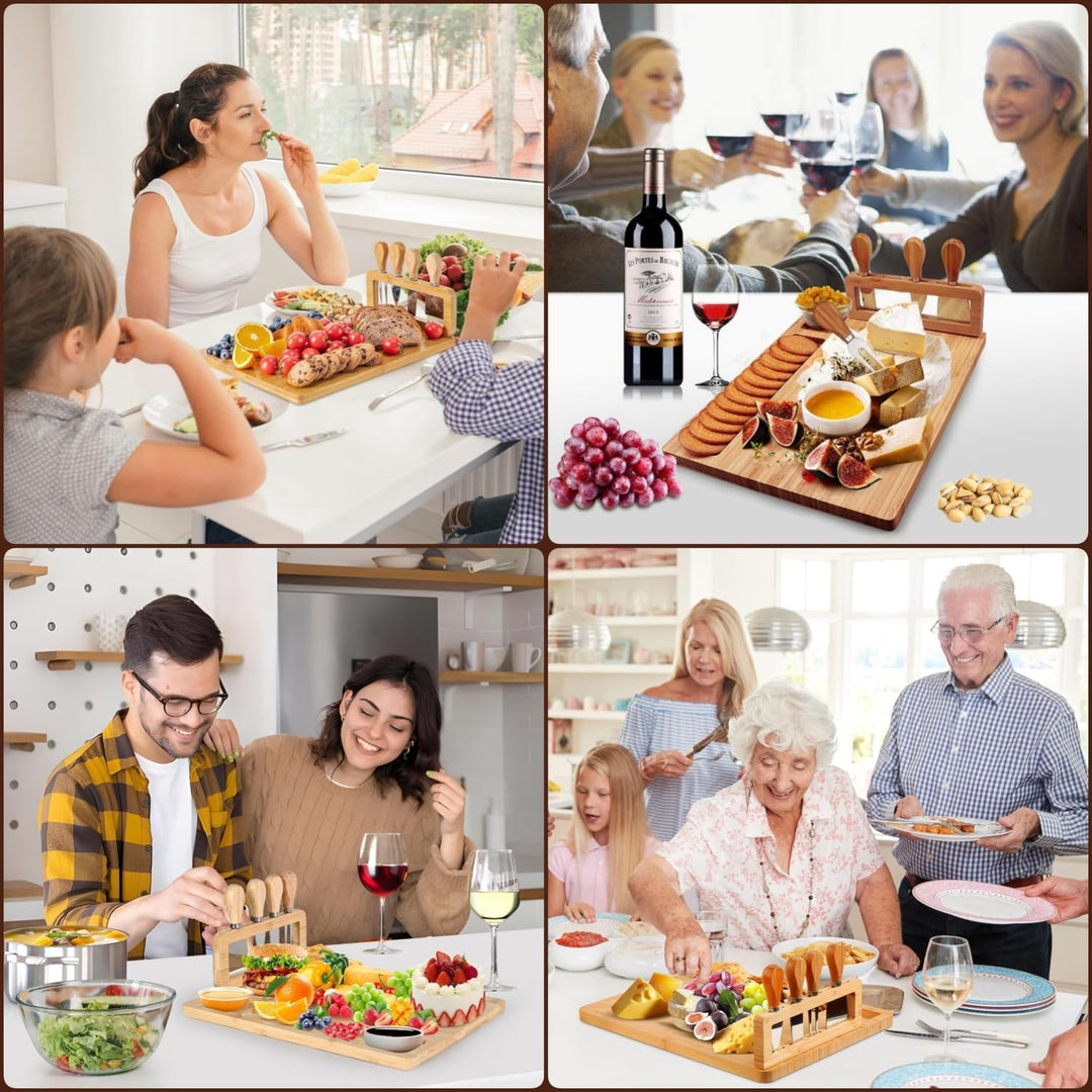 LATERN Bambus Käsebrett Set, 35CM x 27CM Holz Wurstplatte Käseplatte Cheese Charcuterie Board mit 4
