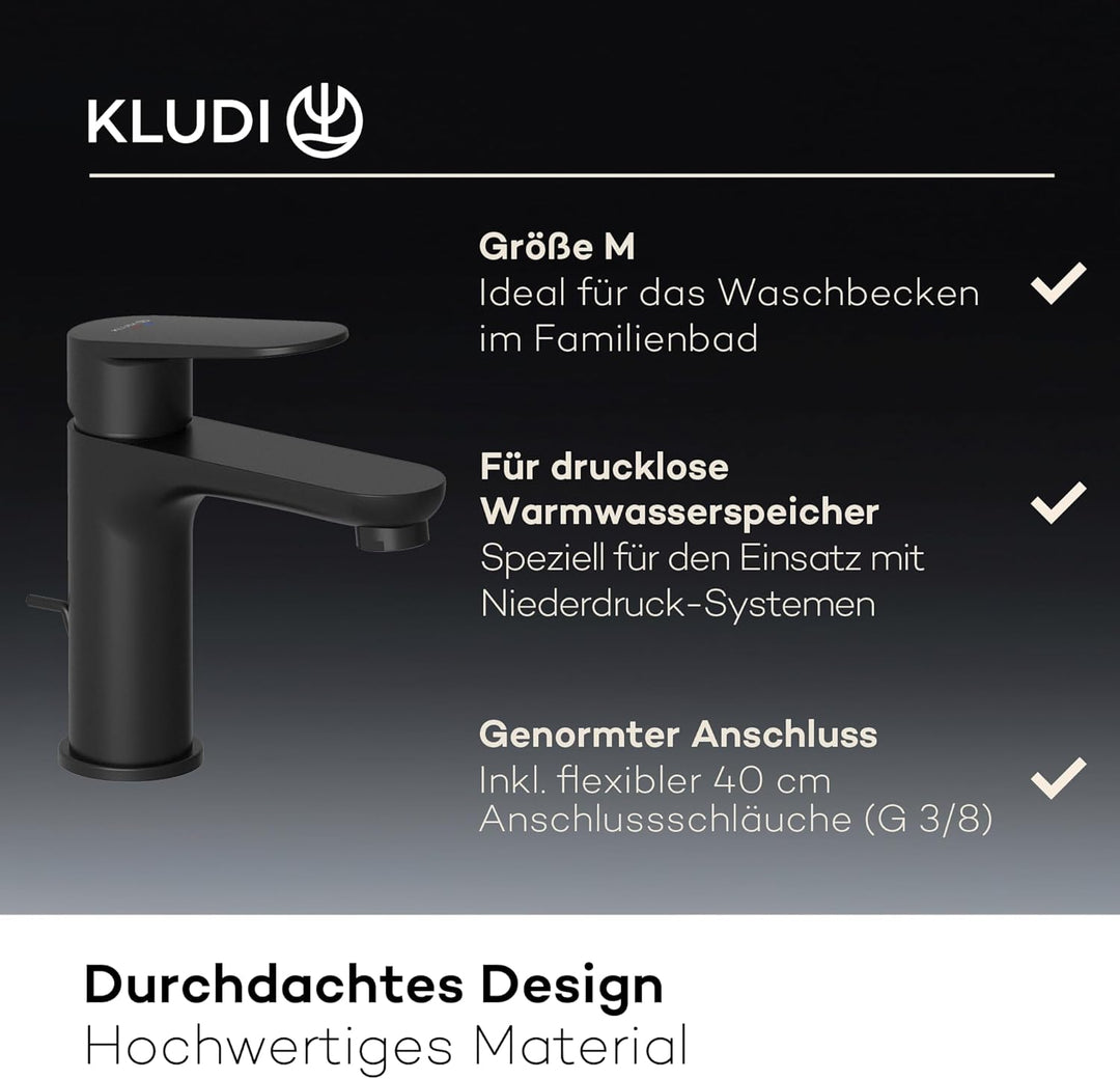 KLUDI-X1 Niederdruck Waschtischarmatur, Auslaufhöhe 95 mm, wassersparender Wasserhahn Bad Schwarz Ma