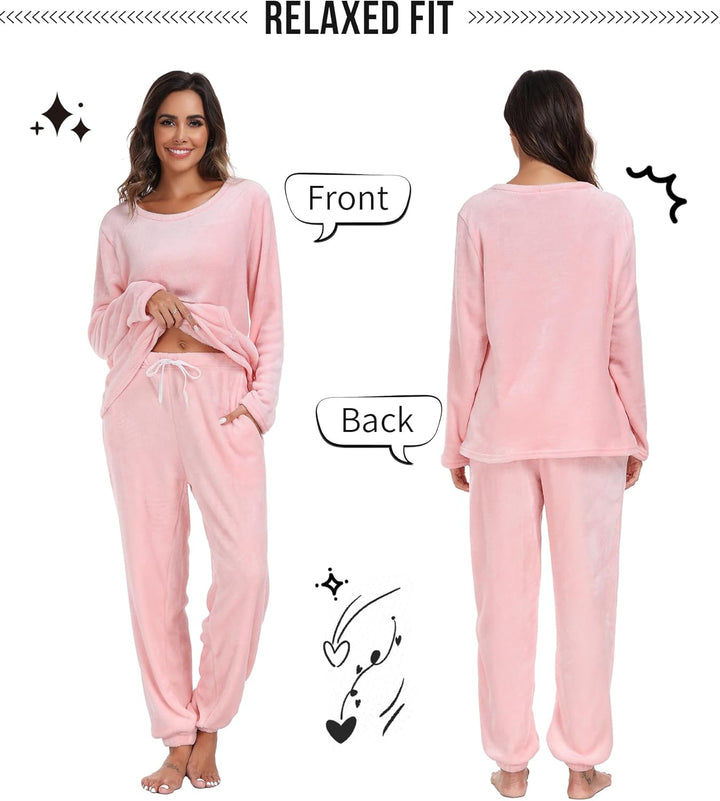 Lovasy Fleece Schlafanzug Damen Lang Winter Warmer Pyjama Set Flauschiger Frottee Schlafanzüge für D