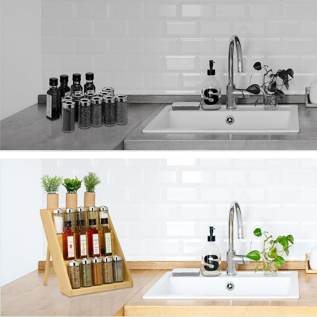 Relaxdays Gewürzregal, Bambus, H x B x T: 29,5 x 30 x 26 cm, 3 Etagen, Gewürztreppe stehend, Gewürza