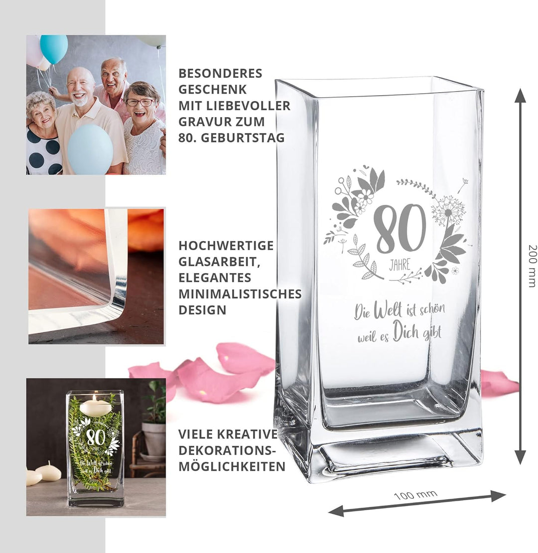 Casa Vivente Vase zum 80. Geburtstag mit süsser Gravur, Eckige Glasvase mit Alter und Spruch als Geb