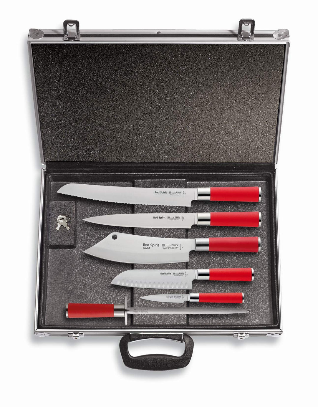 F. DICK Messerset Red Spirit (Magnetkoffer, Kochmesser AJAX, Brotmesser, Santoku, Tranchiermesser, O
