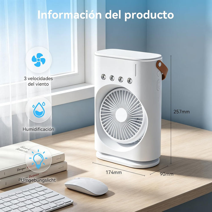Tragbarer Sprühnebel Tischventilator 350ml Tank,4 Sprühdüsen,3 Windstufen,90° Doppel-Schwenk,3 Taste
