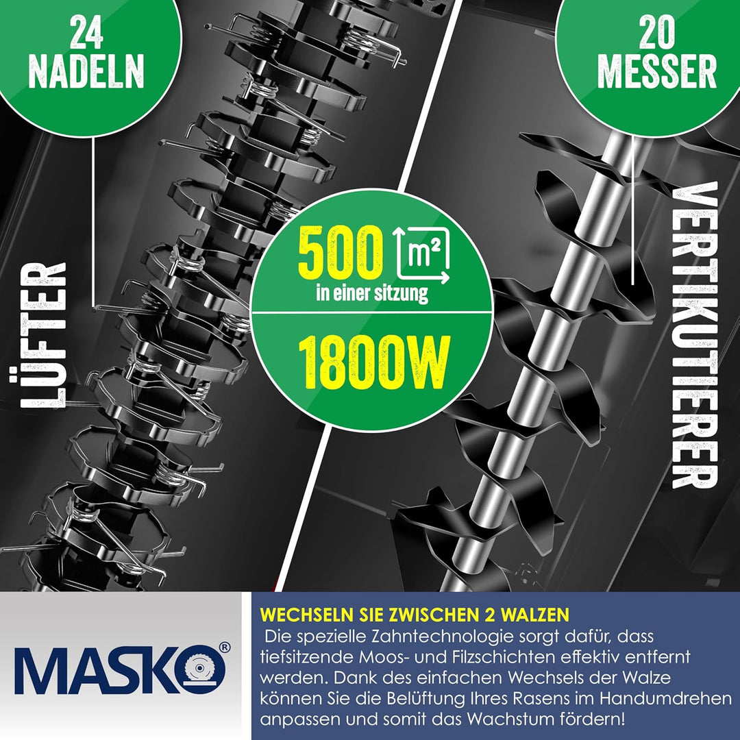 MASKO® Elektro 2in1 Vertikutierer Rasenlüfter 1800 Watt 40cm Arbeitsbreite 55L Fangkorb inkl. Lüfter