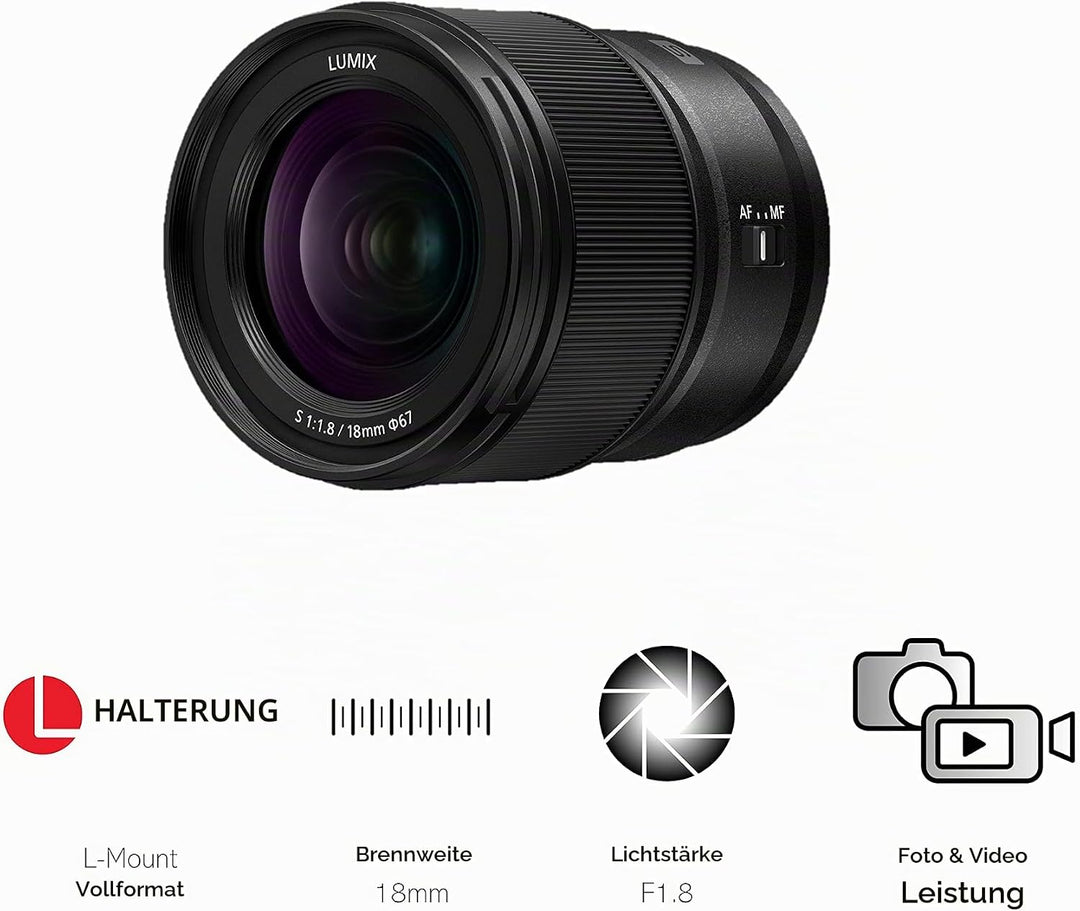 Panasonic Lumix S-S18E - lichtstarkes 18mm/F1.8 Weitwinkelobjektiv,kompakt und leicht,Staub-/Spritwa