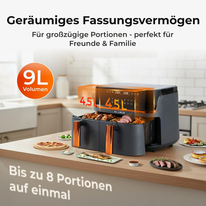 KLAMER Heissluftfritteuse Duo 9 L – Doppelkammer Airfryer mit 2 Körben & Digitaldisplay, 10 Automati