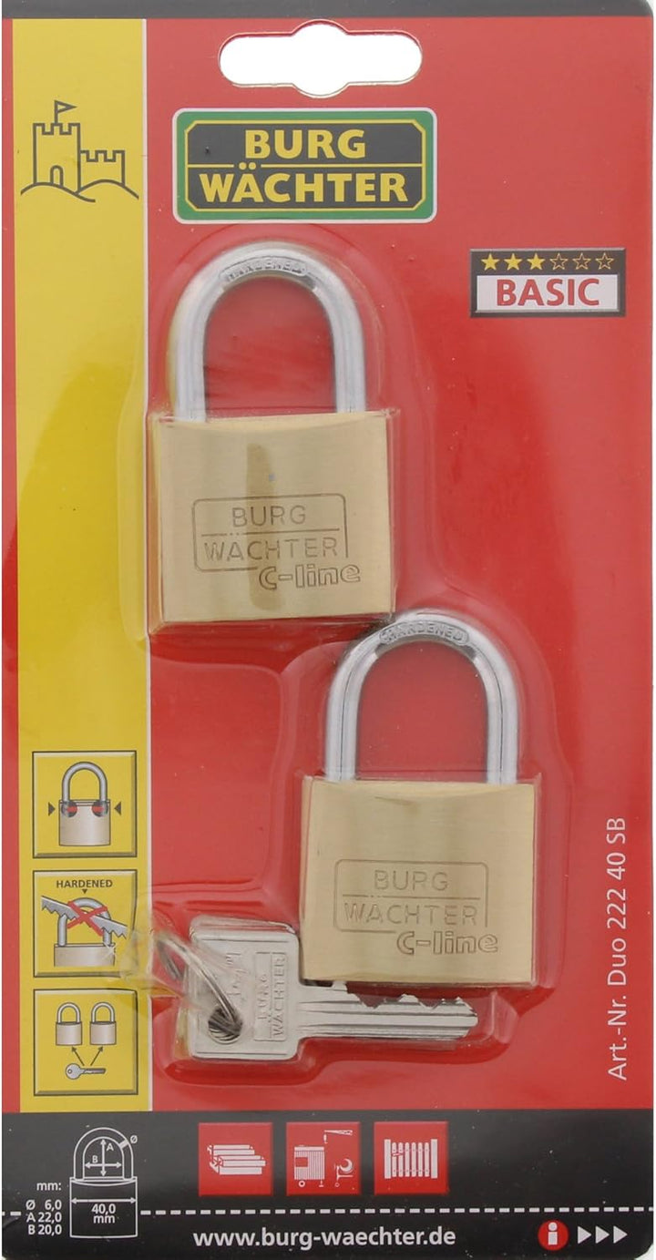 Burg Wächter Vorhängeschloss, 2er-Set, 6 mm Bügelstärke, 4 Schlüssel, Duo 222 40 SB, Messing, Bügels