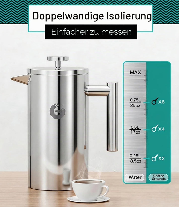 Coffee Gator French Press Kaffeebereiter - Thermo-Kaffeekanne aus Edelstahl für länger heissen Kaffe