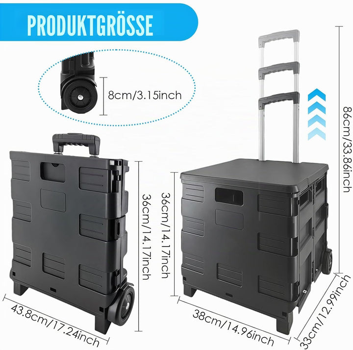 Faltbarer Einkaufstrolley mit Deckel,45 L Volumen, 2 Rollen &amp; höhenverstellbarer Griff, Klappbox mit