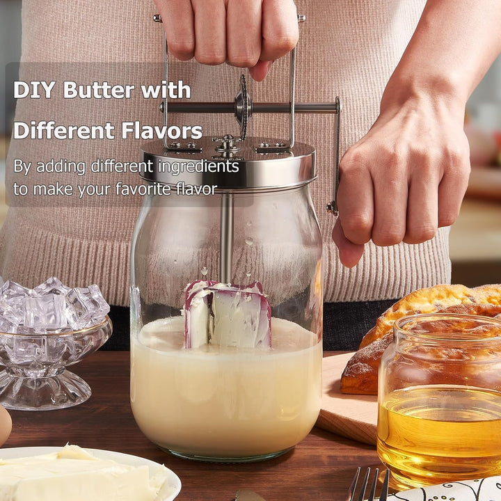 Butterfass Glas mit Handkurbel, 1,5L Butterfass Zum Butter Machen Mit Holzgriff Edelstahlgetriebe Ma
