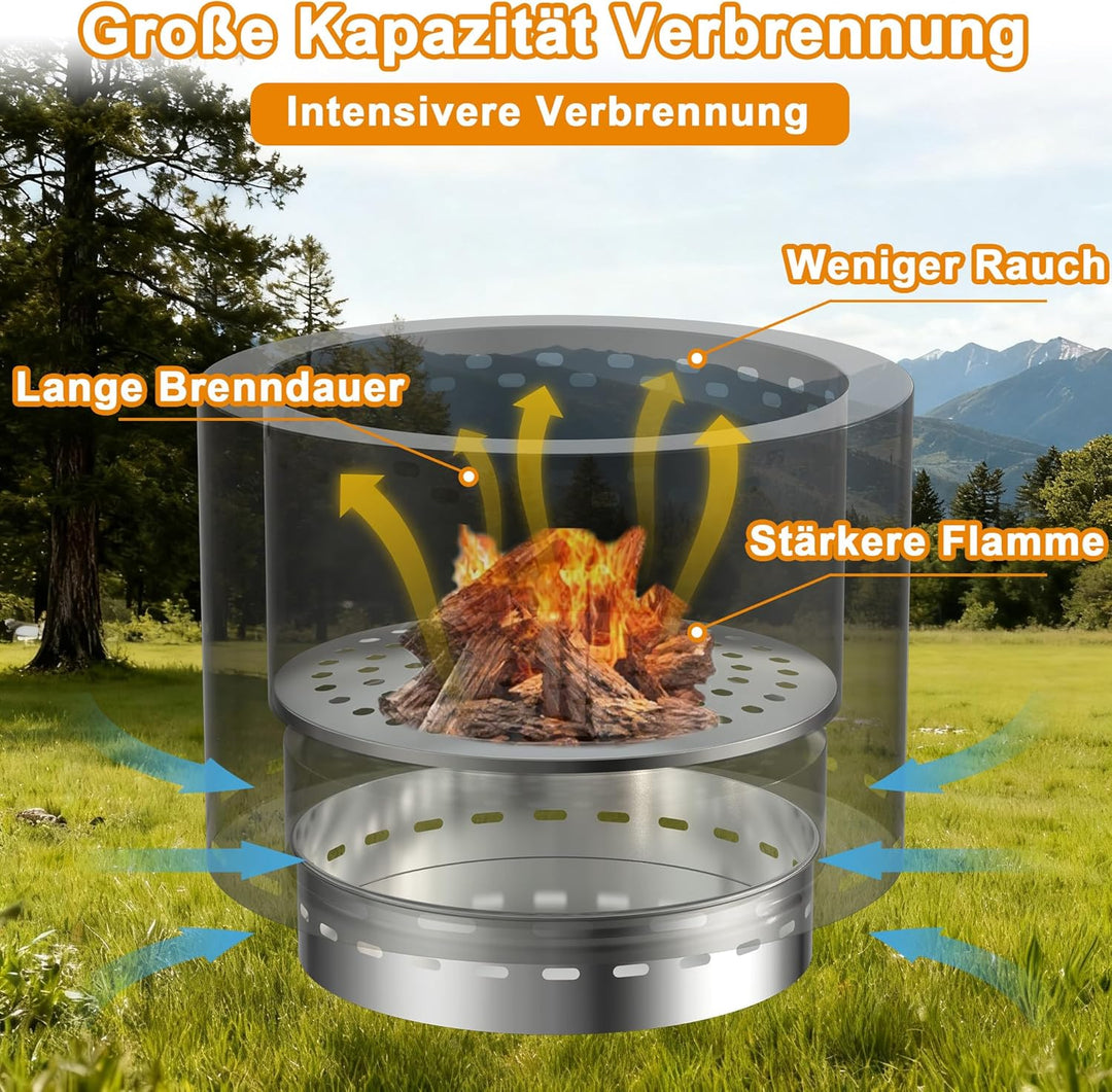 49cm Feuerschale Edelstahl Outdoor, Rauchfreie Feuerstelle für den Garten, Tragbarer Feuerkorb und F