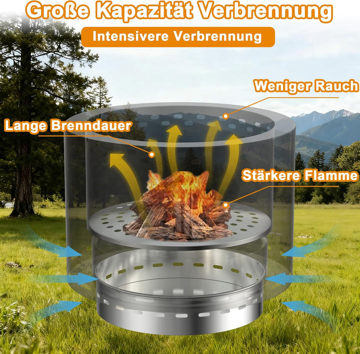 49cm Feuerschale Edelstahl Outdoor, Rauchfreie Feuerstelle für den Garten, Tragbarer Feuerkorb und F