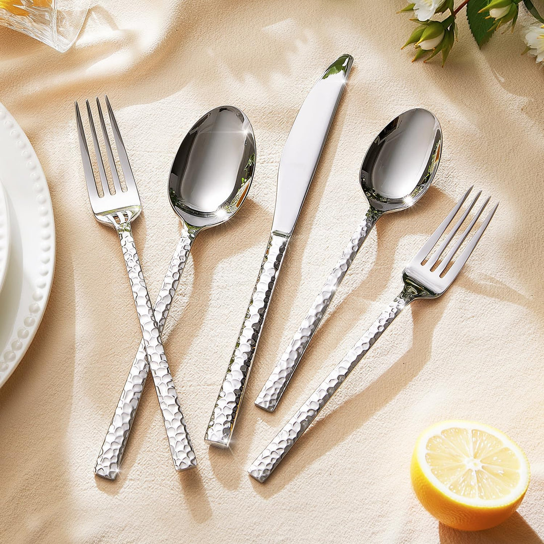 HIKAA Besteck Set 4 Personen aus Gehämmert, 20-Teilig Essbesteck 18/10, Edelstahl Besteckset für Zuh