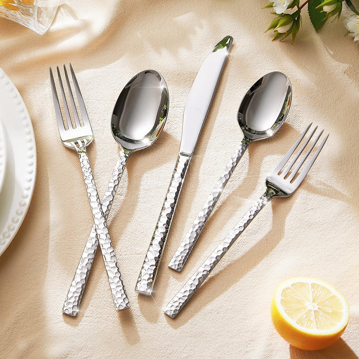 HIKAA Besteck Set 4 Personen aus Gehämmert, 20-Teilig Essbesteck 18/10, Edelstahl Besteckset für Zuh