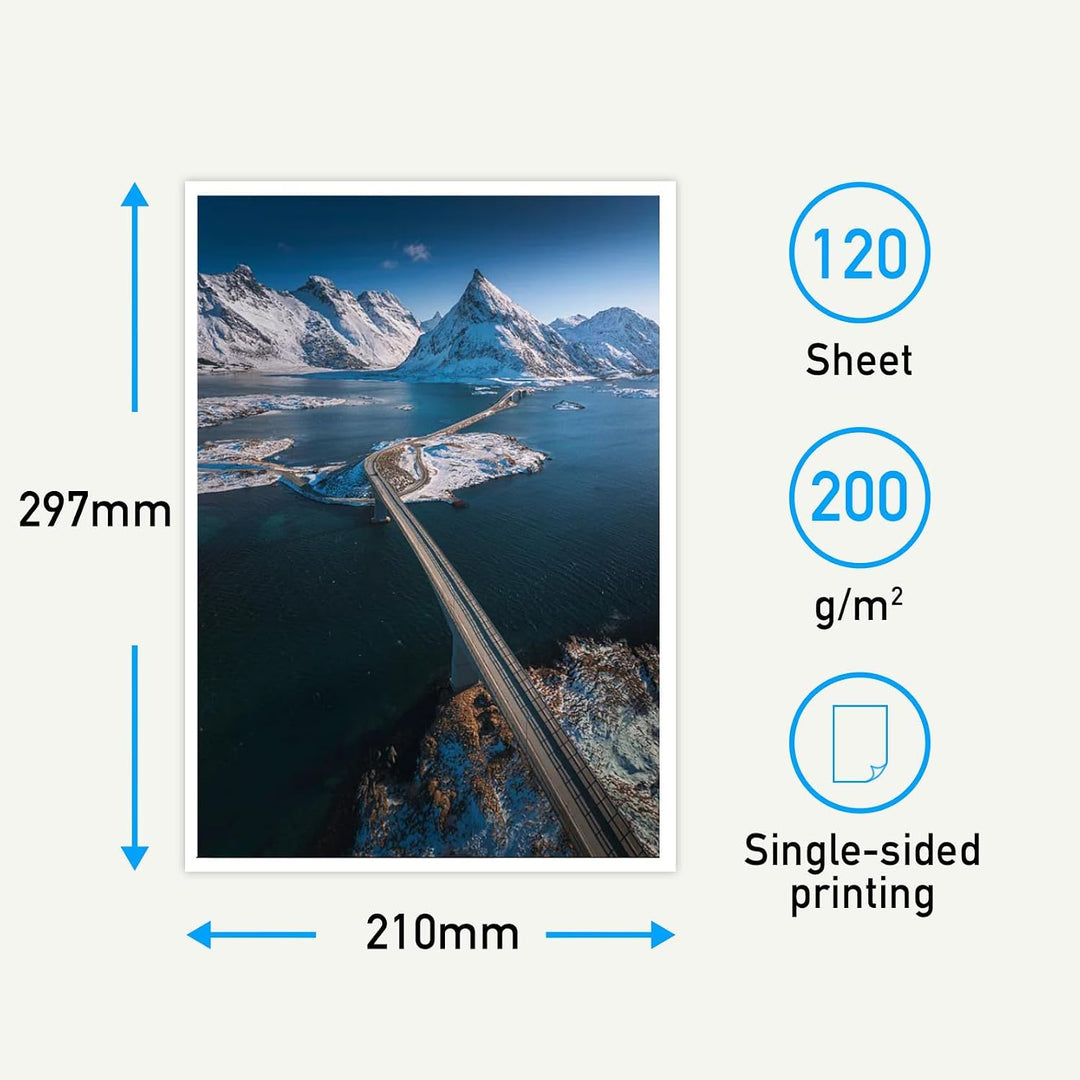 Hochglänzend Fotopapier DIN A4, 200 g/m², 120 Blatt, Hochweiss, für Canon HP Epson Brother Tintenstr