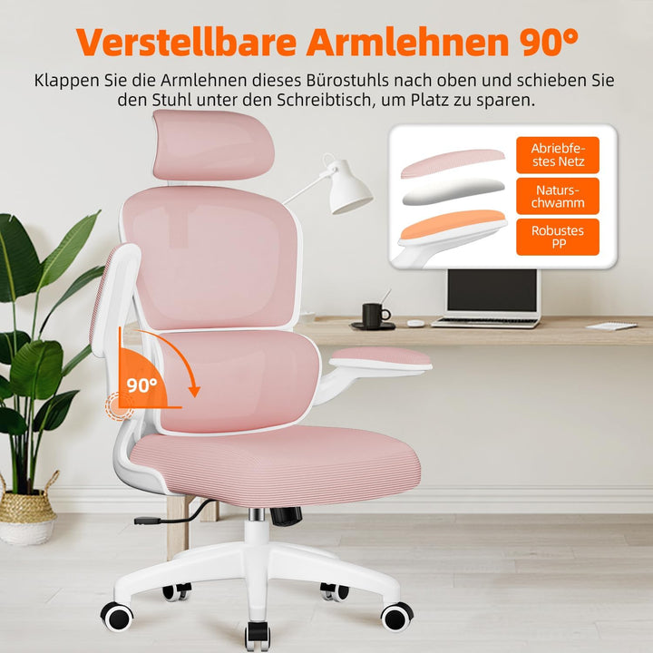Bürostuhl, Ergonomischer Bürostuhl mit Verstellbarer Kopfstütze, Klappbaren Armlehnen und Lendenwirb